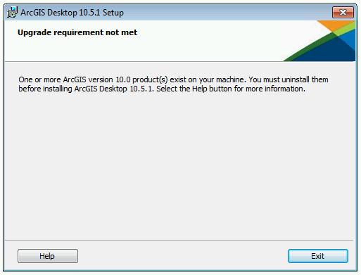 ArcGIS 10.0 and Prior Users You must uninstall all ArcGIS products prior to 10.1 and any third-party extensions or tools from your machine before proceeding with 10.5.1 setup installation.