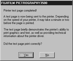 14. Confirm that "FUJIFILM PICTROGRAPHY3500" appears in the [Printers:] field and click the [Next] button. 17. Following installation of the printer driver, select whether or not to print a test page.