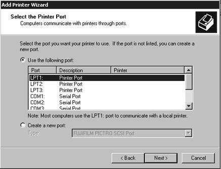 Select [Use the following port], and then click to select [PICTRO SCSI:] from the list of