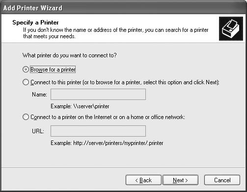 5. Select [A network printer, or a printer attached to another computer], and then click the [Next] button. The [Specify a Printer] dialog box is displayed.