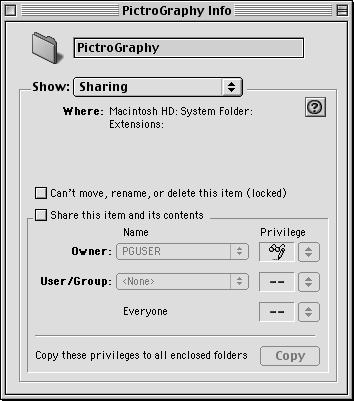 4. Click the installed (copied) [PictroGraphy] folder and open the [Sharing] menu in the Finder. With Mac OS 8.