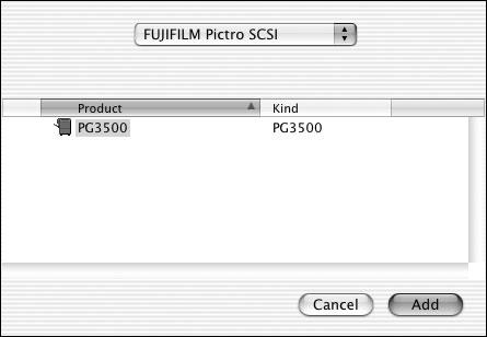 18. Select [FUJIFILM Pictro SCSI] from the pop-up menu. When a PICTROGRAPHY 3500 connected to the computer is found, its printer name is displayed on the [Product] column. 3.7.