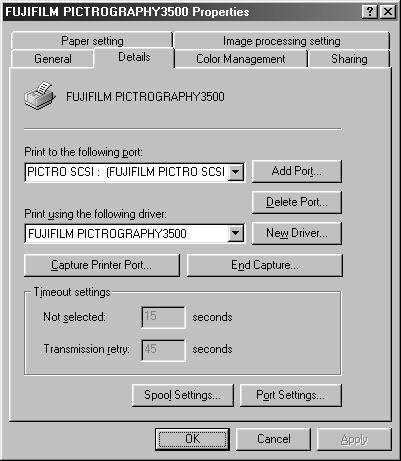 Details Click the [Details] tab on the [FUJIFILM PICTROGRAPHY3500 Properties] dialog box to display the following: 4.1.