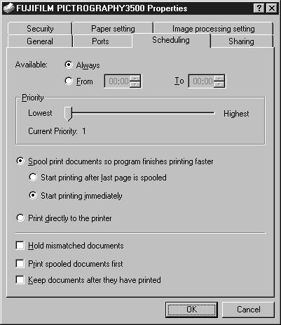 4. USING THE PRINTER DRIVER 4. Scheduling Click the [Scheduling] tab on the [FUJIFILM PICTROGRAPHY3500 Properties] dialog box.