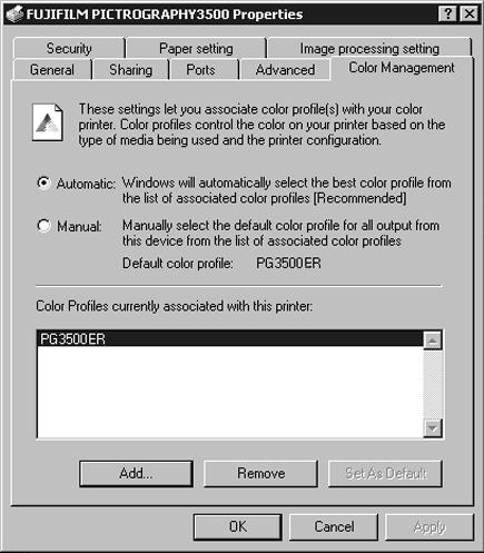 Normally, these settings do not need to be changed. 5. Paper setting Click the [Paper setting] tab on the [FUJIFILM PICTROGRAPHY3500 Properties] dialog box.