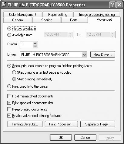 4. USING THE PRINTER DRIVER Here, you can add or delete profiles related to the printer. Note that profiles for the PICTROGRAPHY 3500 were added when the printer driver was installed.