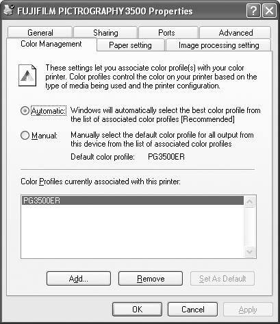 These settings can be viewed, but not modified. 4. Detailed settings Click the [Advanced] tab in the [FUJIFILM PICTROGRAPHY 3500] dialog box. Normally, these settings do not need to be changed. 7.