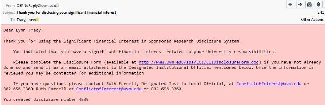 Complete a new COI Financial Interest Disclosure The system will not allow any disclosures to be submitted if the COI training has not been completed within the last (4) years.