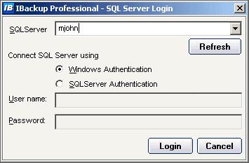 SQL Server Login Information IBackup Professional provides two modes of MS SQL Server authentication: Window Authentication Mode SQL Server Authentication Windows Authentication Mode When you connect