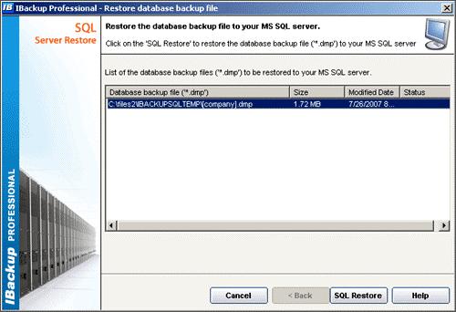 5. A Restore database backup file window appears > click the SQL Restore button to begin the restore process. 6.