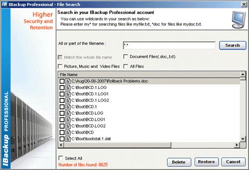 Search This option allows you to search files present in your IBackup Professional account.