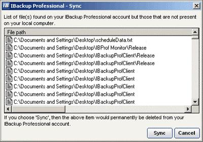 3. Click the Continue button, a Sync window appears as shown below. Here, files present in your IBackup Professional account but not on your computer (My Computer) are listed. Note 4.