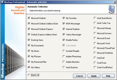 Backup-Restore Menu Automatic Selection Wizard The Automatic Selection Wizard guides you through a simple step-by-step approach to backup files and folders immediately or schedule it for a future