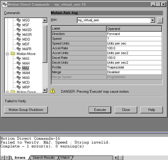 Motion Direct Commands 8-37 displayed and provides navigation to the error source, i.e. double clicking the error in the results window will navigate to the appropriate Motion Direct Command dialog.
