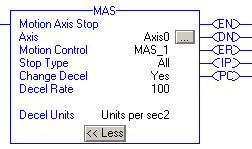 3-8 Motion Move Instructions MAS Changes to Status Bits: Motion Status Bits If Stop Motion Type of All is entered or selected, the MAS instruction clears all Motion Status bits.
