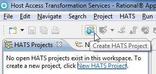 Creating a HATS project 1. Click Start > All Programs > IBM Software Development Platform > IBM Rational HATS V8.0 > HATS Toolkit to start the HATS toolkit. 2.
