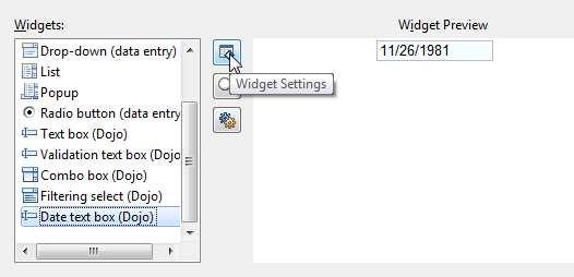 20. From the Widgets list, select the Date text box (Dojo) widget, and click Widget Settings. 21. Uncheck Use project defaults.