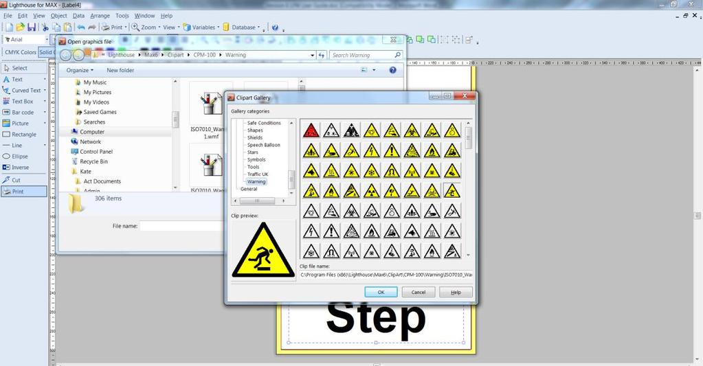 Go to the relevant clipart section and insert the required symbol. It will then appear on the label.