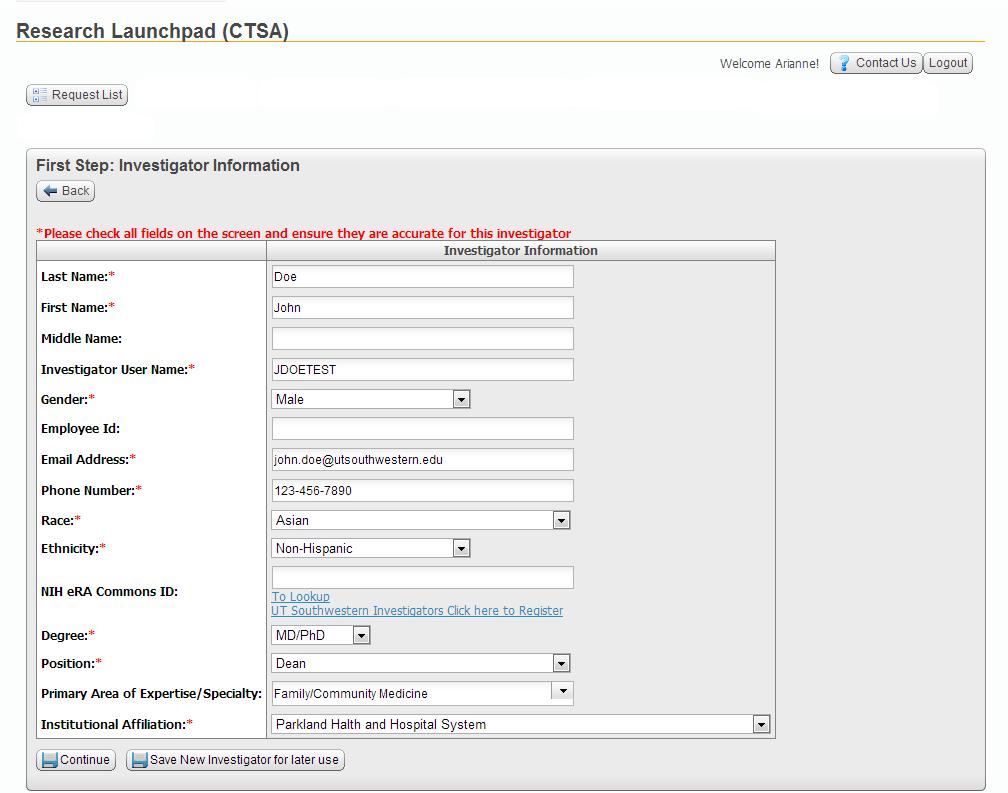 Figure 12. Add New Investigator Information Next, you will see a screen called Second Step: Project Information.