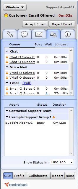 Figure 59: Agent Console, Control panel, Status tab To pull email interactions from an email queue: 1. In the Agent Console, set your status to Working Offline.