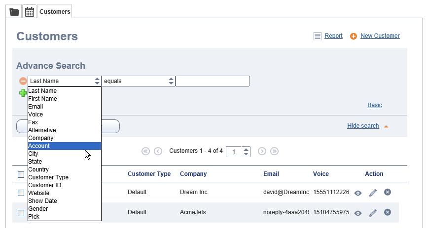 for a field of pick list data type. Use the advanced customer search feature to search for a larger set of both default and custom customer fields than are available in basic search.