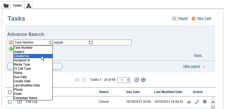 Figure 67: Task > Advanced Search Creating and Editing Customer Records You can create a new customer record at any time using the New Customer link in the Customers tab provided your administrator