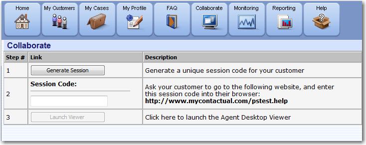 Figure 103: Agent Console, Collaborate page 2. In the Collaborate page, click Generate Session.