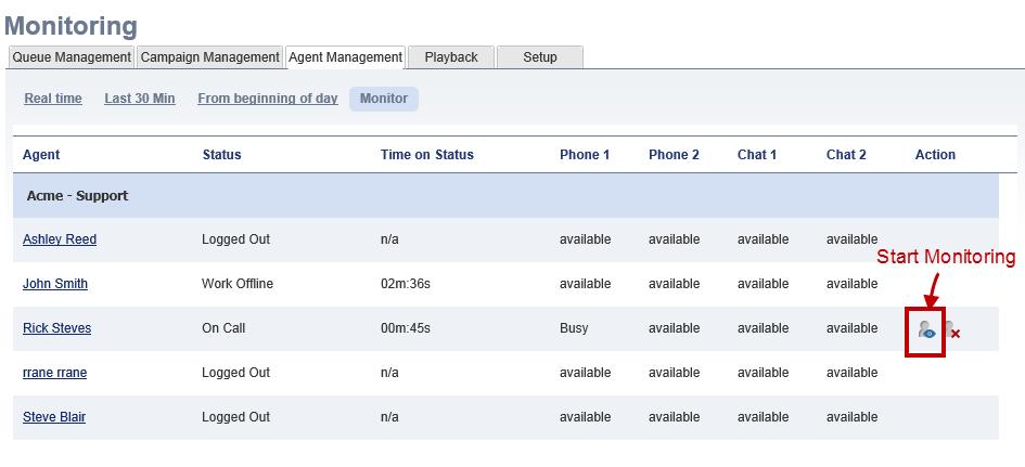Figure 123: Monitoring agents OR click agent's name to view the monitoring controls. Click Start Monitoring. Your supervisor phone rings. 6.