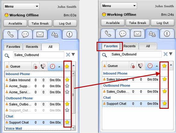Figure 9: Defining Favorites Tracking Recents Using the Recents tab, Track those agents with who you initiated a call or a chat session in the past.