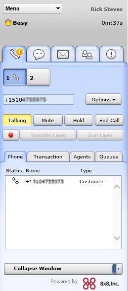 Figure 25: Phone Tab Controls The Agent Console supports two phone lines: 1 and 2.