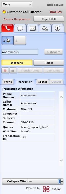Figure 26: Agent Console, accepting a phone interaction To accept an inbound phone interaction: 1. In the Control panel, change your status to Available.