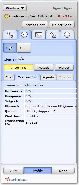 Figure 46: Agent Console, accepting a chat interaction To accept a new chat interaction: 1. In the Control panel, click Available.