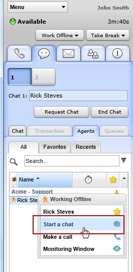 Figure 49: Initiating agent to agent chat 4. Select and click the desired agent in the list to bring up the context menu. The Request Chat button enables. 5.