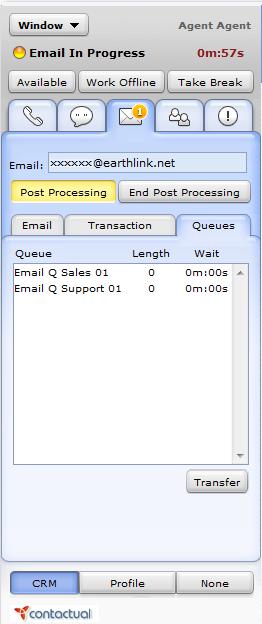 Figure 56: Agent Console, transfer email to a different queue To transfer a new email interaction to a different queue: 1.