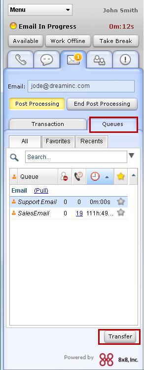transfer it during the post processing of an email interaction. Figure 41: Transfer email to a different queue To transfer a new email interaction to a different queue: 1.