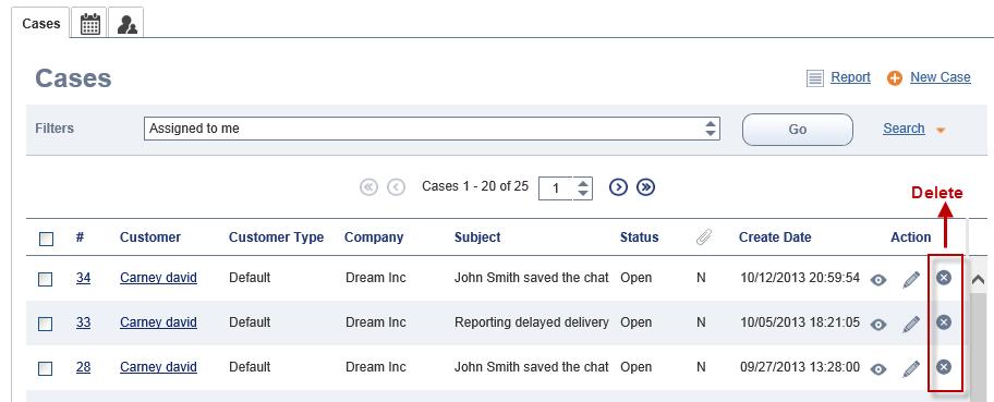 To delete CRM data: 1. Log in to Agent Console. 2. From the three CRM tabs (Customers, Cases, Tasks), select the object you wish to delete the data from.