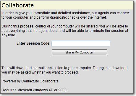 To the right of the Session Code text entry area, the Agent Console lists the URL of the Collaborate Web page. 3. Help the customer connect to the Collaborate session. a. Communicate the URL of the Collaborate Web page and the unique Collaborate session code to the customer.