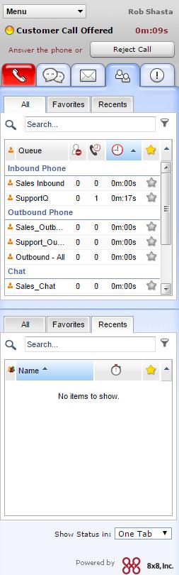 shows the Control panel tools to accept a phone interaction. To accept an inbound phone interaction: 1. In the Control panel, change your status to Available.