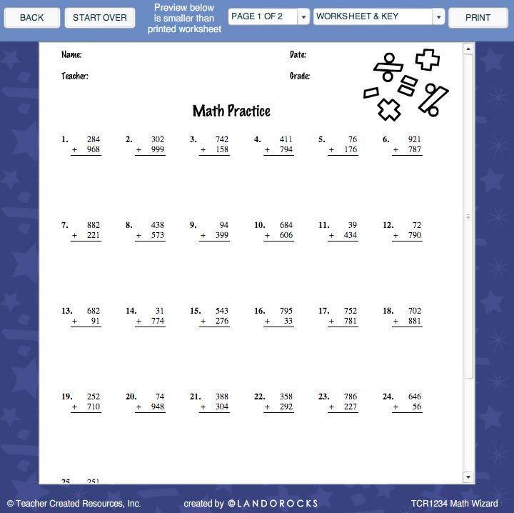 XIII. PREVIEW As shown in Figure 11, a preview of a sample math worksheet is displayed. The preview shown is smaller than the actual printed worksheet.