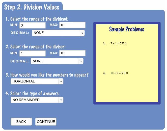 VI. DIVISION VALUES On the Division Values page, there are four options in customizing your math worksheet. Figure 4. Division Values 1.