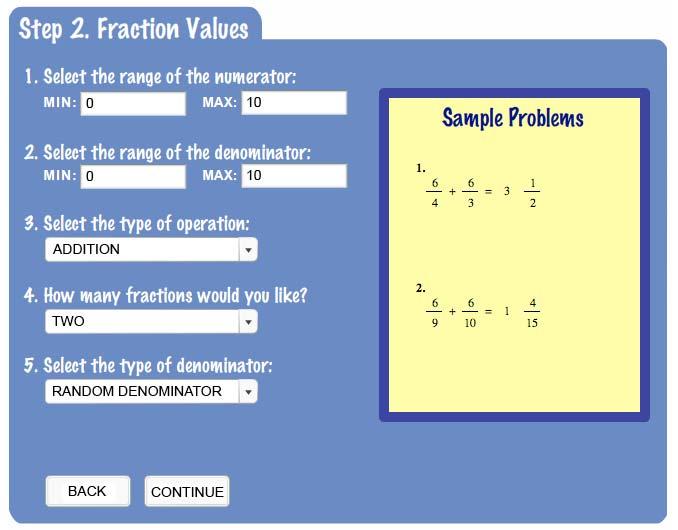 VIII. FRACTION VALUES On the Fraction Values page, there are five options for customizing your math worksheet. Figure 6. Fraction Values 1.