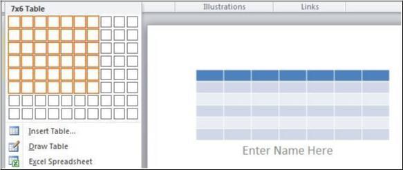 To insert a Table: 1. Create a new blank slide. 2. Click on the Table command. 3. Highlight the number of cells you want in your table. 4.