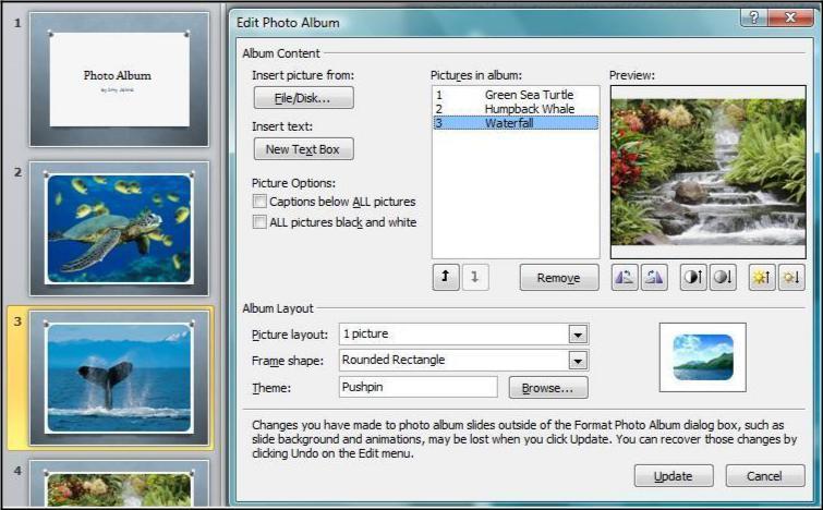 To modify your photo album: 1. Click on the Edit Photo Album command. 2.