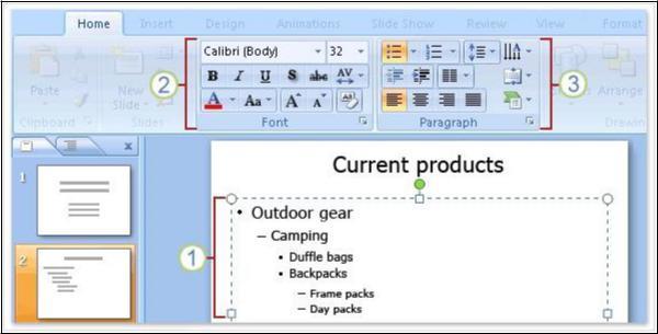 Format text 1. When typing text, PowerPoint will automatically place the text into bulleted lists to make minor points under major points.