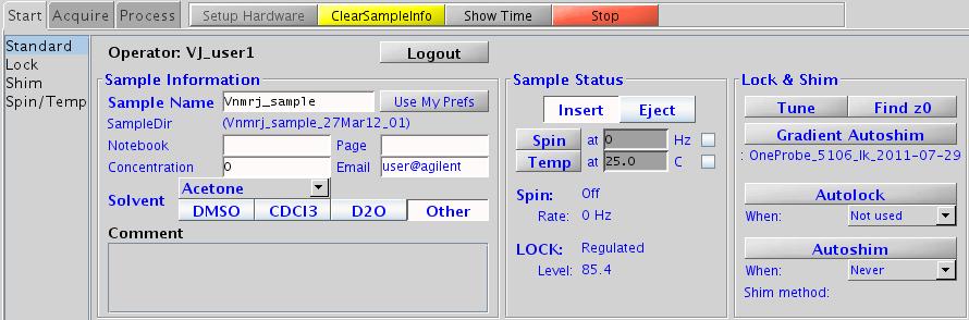 Click tray location 8 Fill in sample information on the Start > Standard parameter panel. Sample Name and Solvent are required fields.