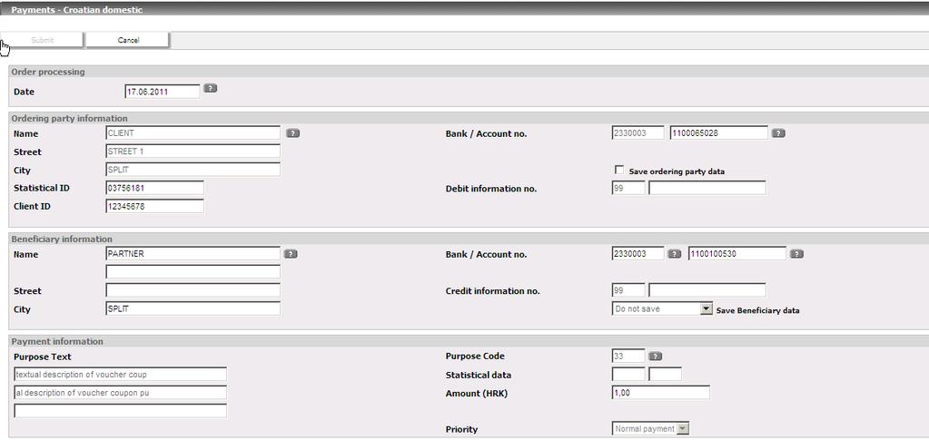 Upon clicking button, the screen shows the payment order containing all entered details and possibilities of signing (if you are authorized to sign the order) the payment order (picture 43).