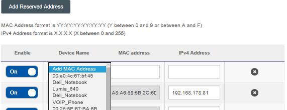 Click on Add Reserved Address. Click on Add MAC Address. The drop down list contains the MAC addresses of every device that was ever connected to the gateway.