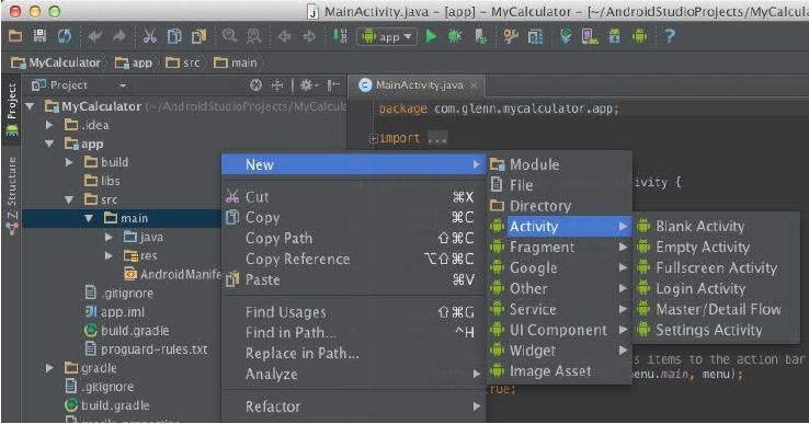 Adding an Activity in Android Studio, right click "app" at left: New -> Activity creates a new.xml file in res/layouts creates a new.