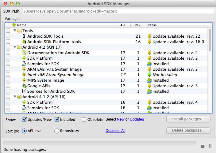 Android tools: SDK Android API + simulator +