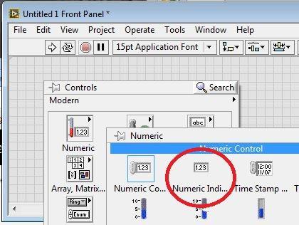 Figure 15: Numeric Indicator on Controls Palette b. Move the indicator to the front panel and click to place the indicator. c. Type deg F inside the label and click outside the label or click the Enter button.